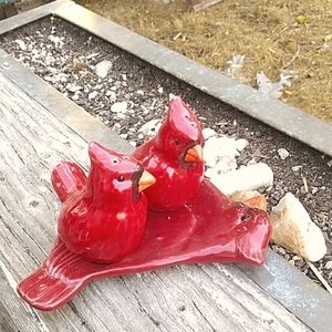 Red Cardinal salt and pepper shakers with matching tray by Nicholas Yuletide